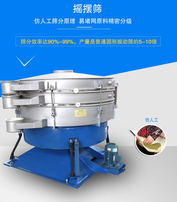 搖擺篩適合精細(xì)和超細(xì)范圍的粉末和微粒狀物料，產(chǎn)量大、精度高